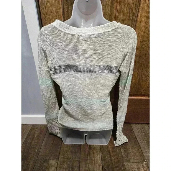 Maurices Small Striped Grey Mint Open Knit Long Sleeve Pullover Sweater - Picture 3 of 6